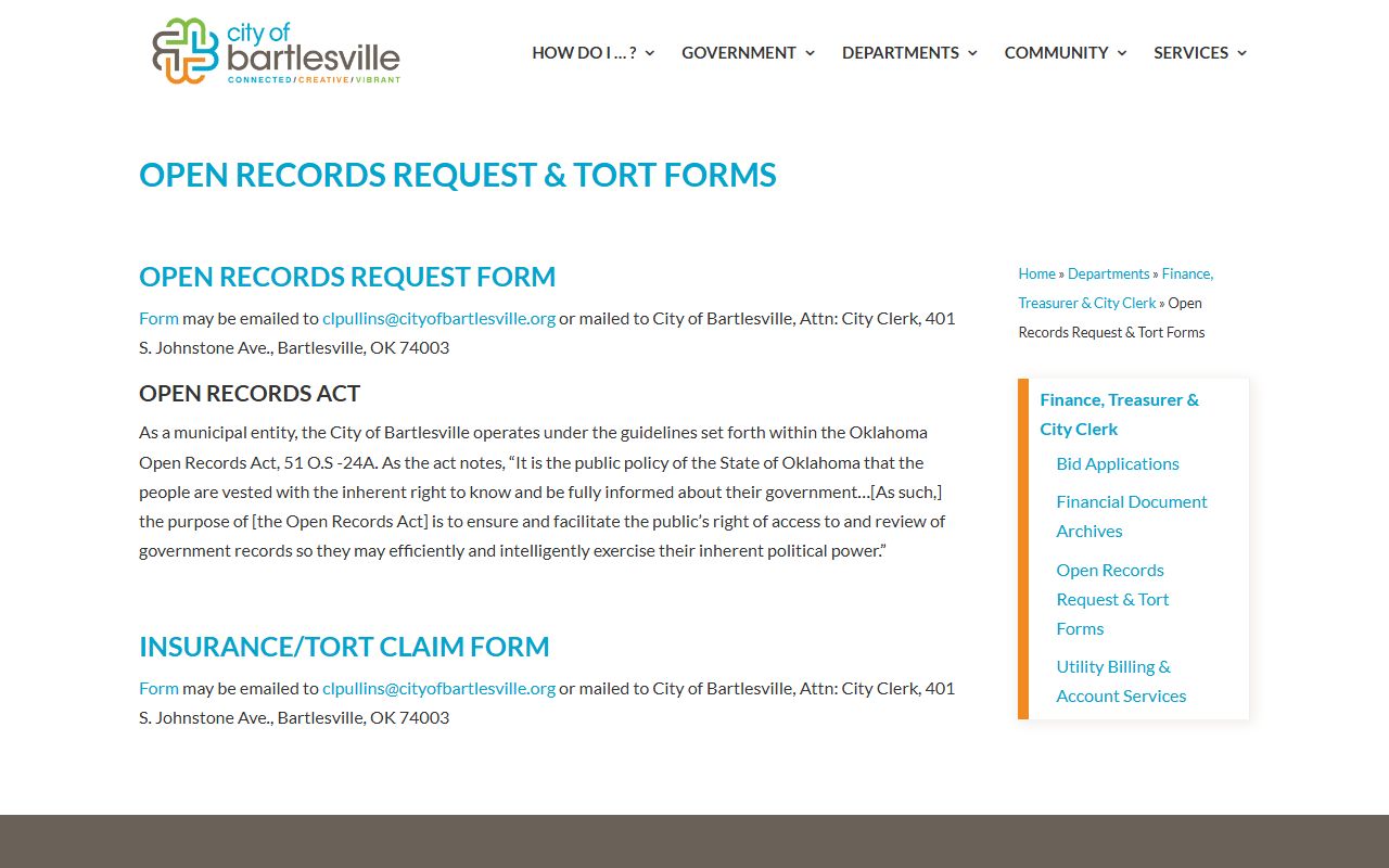 Bartlesville open records request forms for arrest records