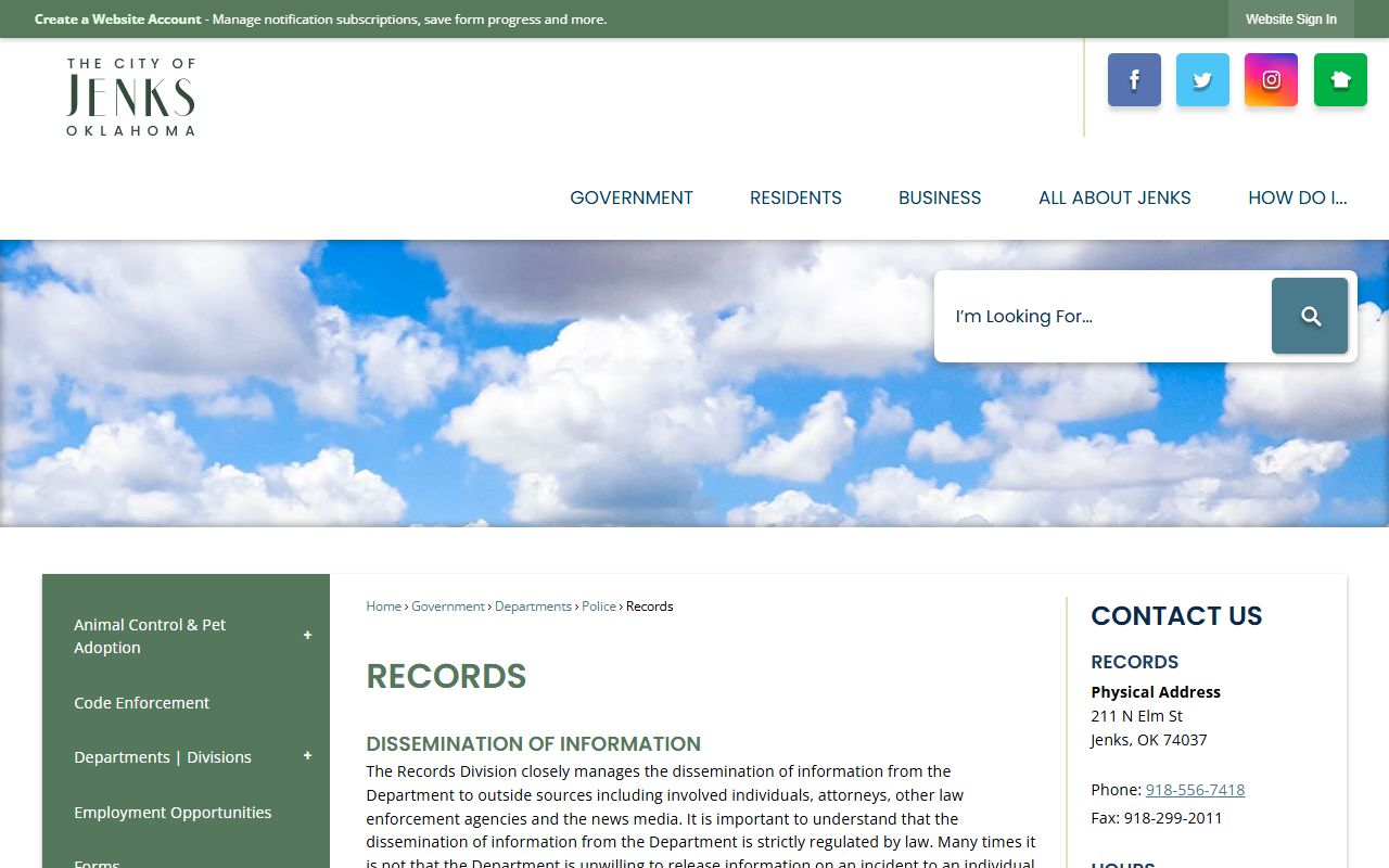 Jenks Police Records Division page for arrest records fees and requests