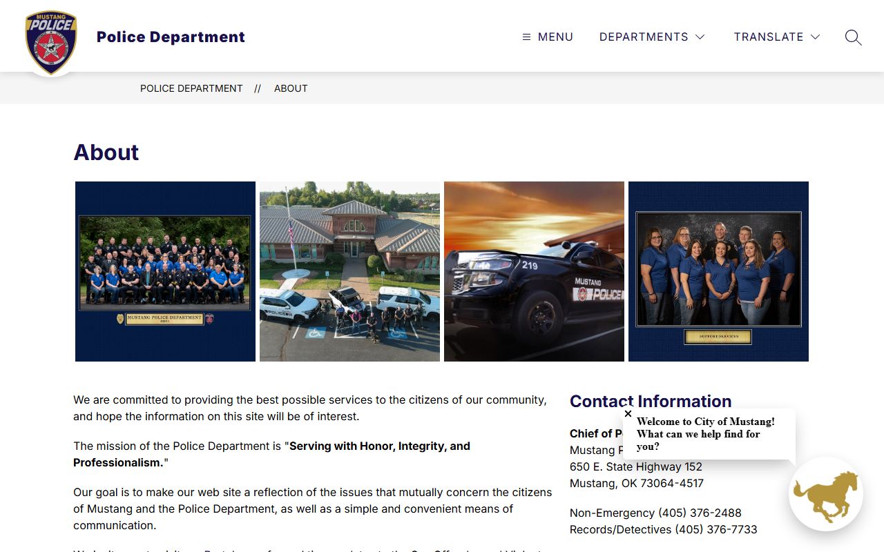 Mustang Police Department about page for arrest records