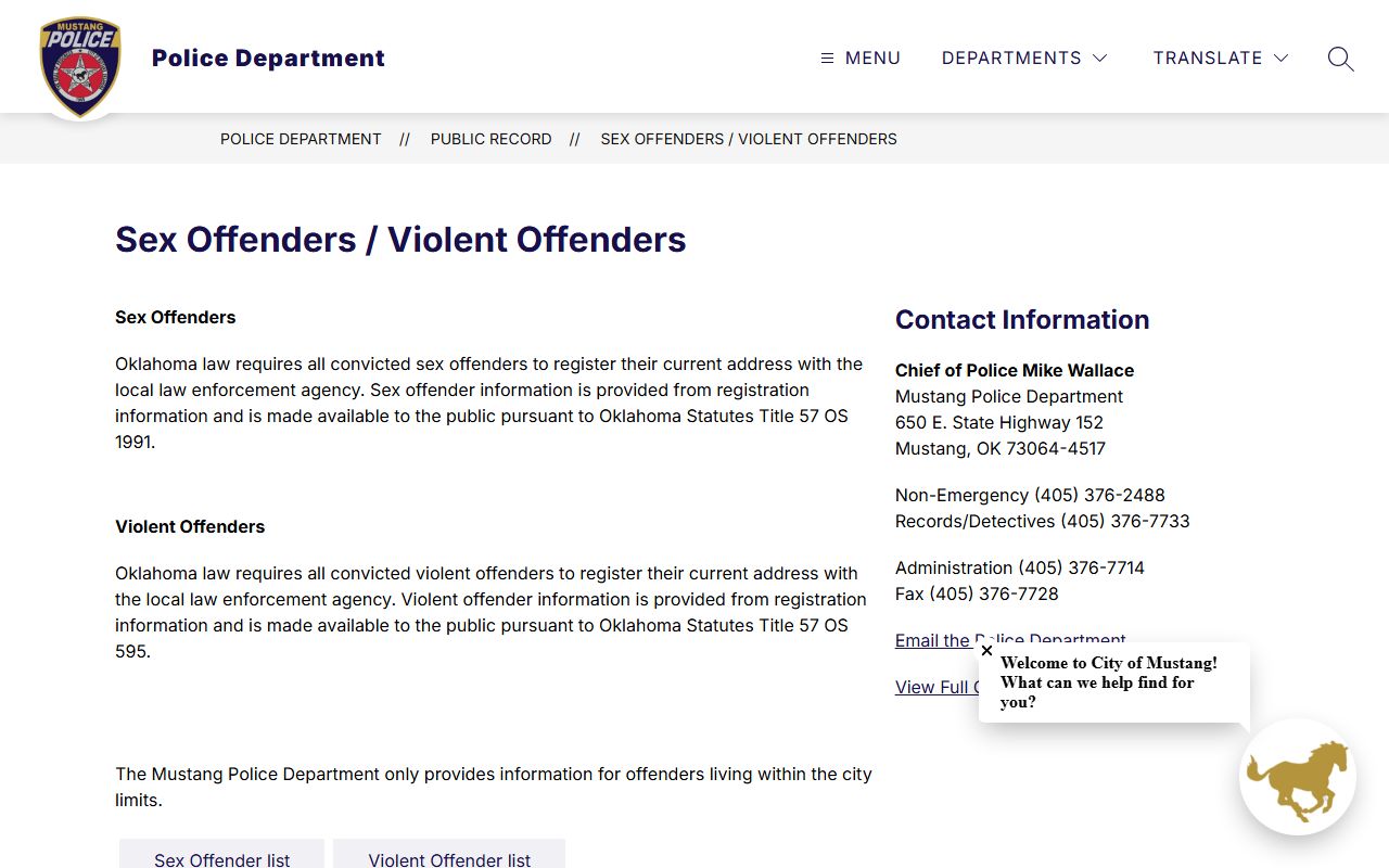 Mustang Police sex offender registry information