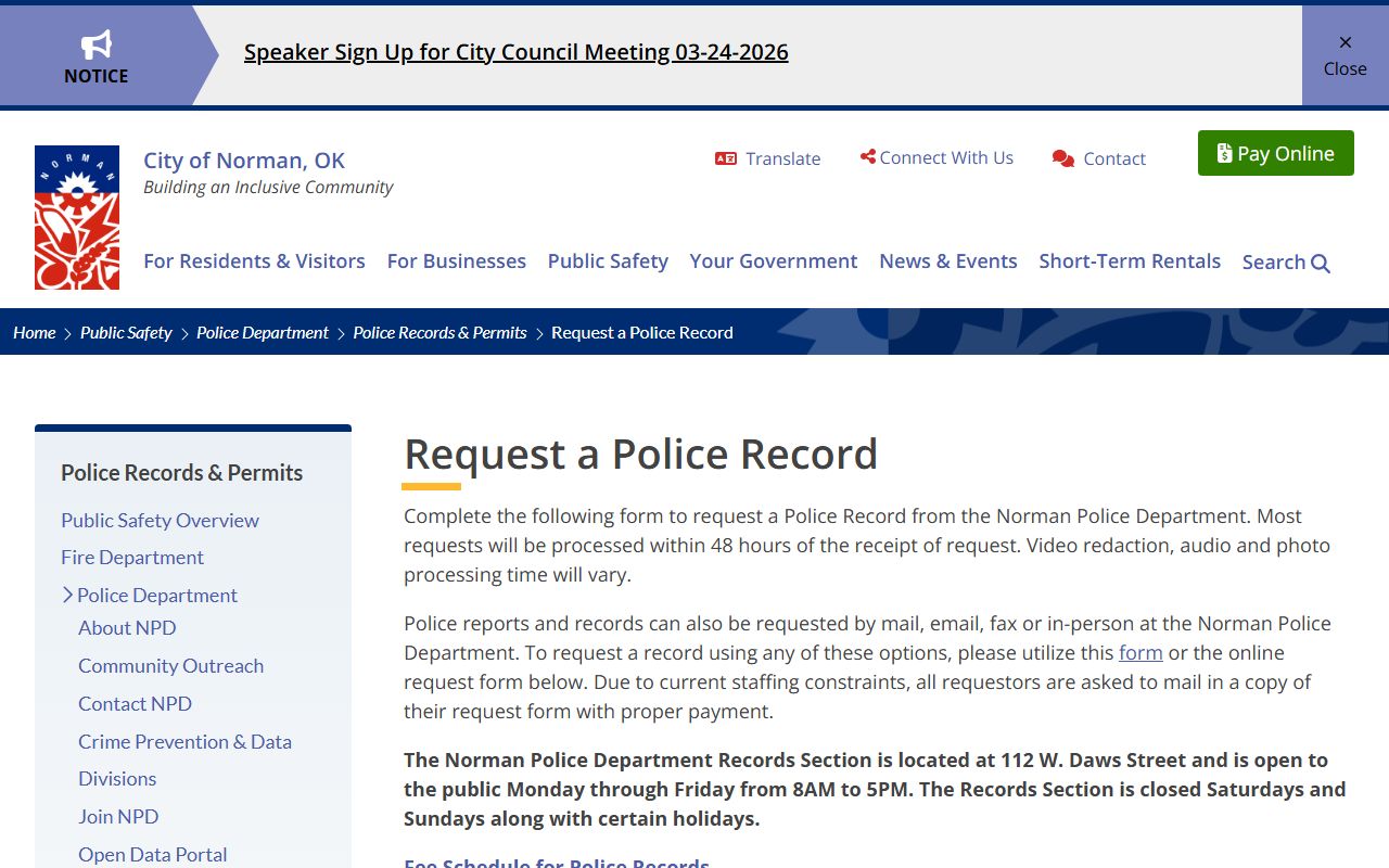 Norman Police Department records request page for arrest records