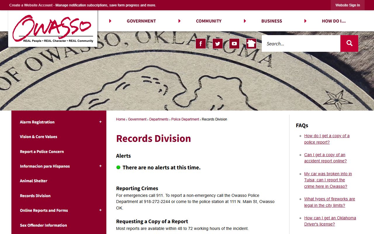 Owasso Records Division page for arrest records requests