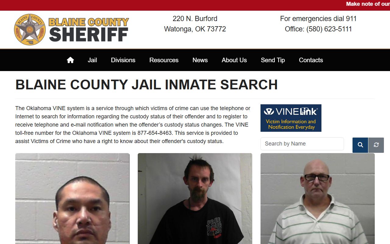 Blaine County inmate search page for arrest records