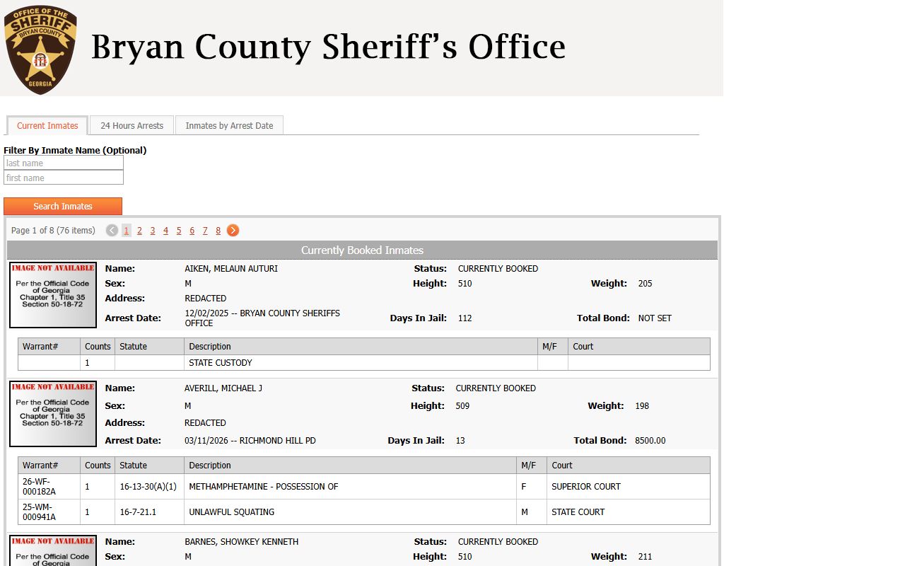 Bryan County jail population roster for arrest records search