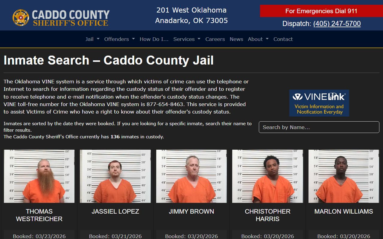 Caddo County inmate search page for arrest records