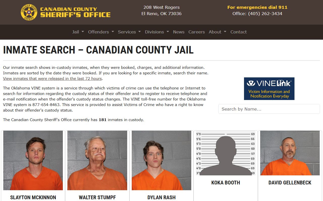 Canadian County inmate search page for arrest records