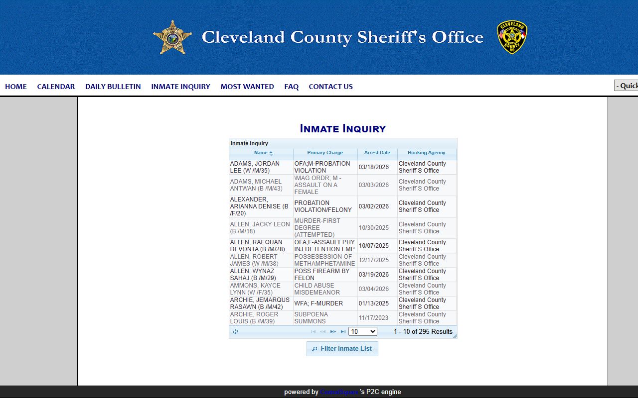 Cleveland County jail inmates search for arrest records