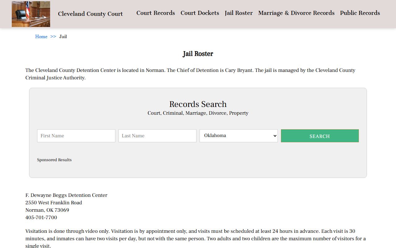Cleveland County Court jail roster page for arrest records