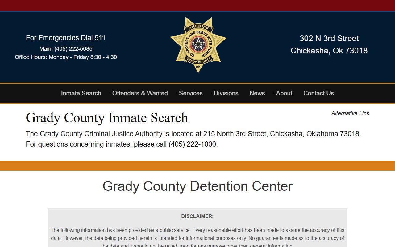 Grady County inmate search page for arrest records