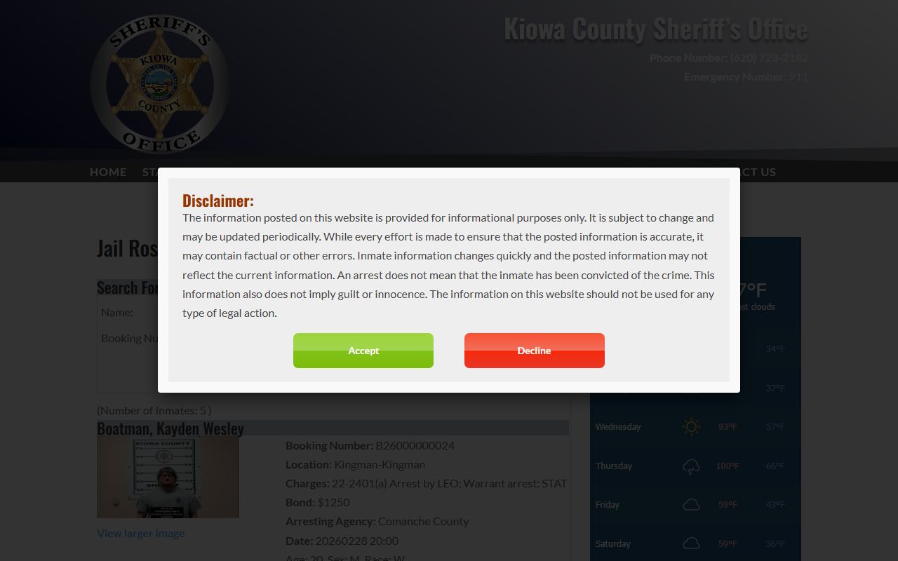 Kiowa County jail roster for arrest records search