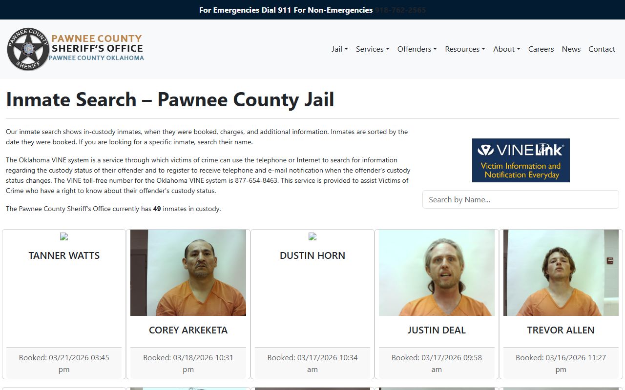 Pawnee County inmate search for arrest records lookup