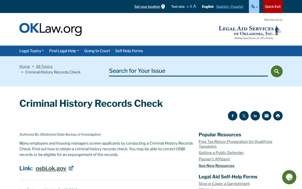 OKLaw criminal history records check for Oklahoma arrest records