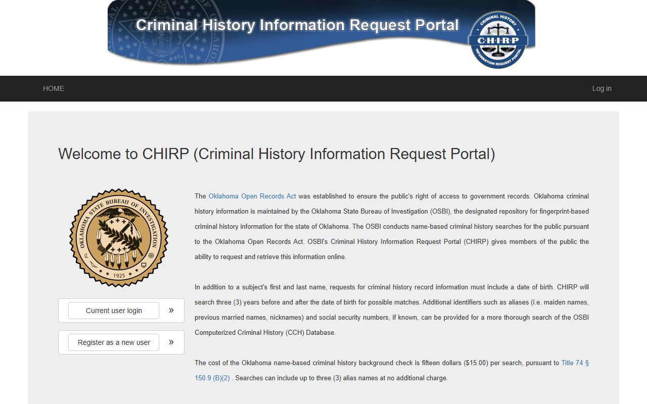 OSBI CHIRP criminal history portal for Oklahoma arrest records