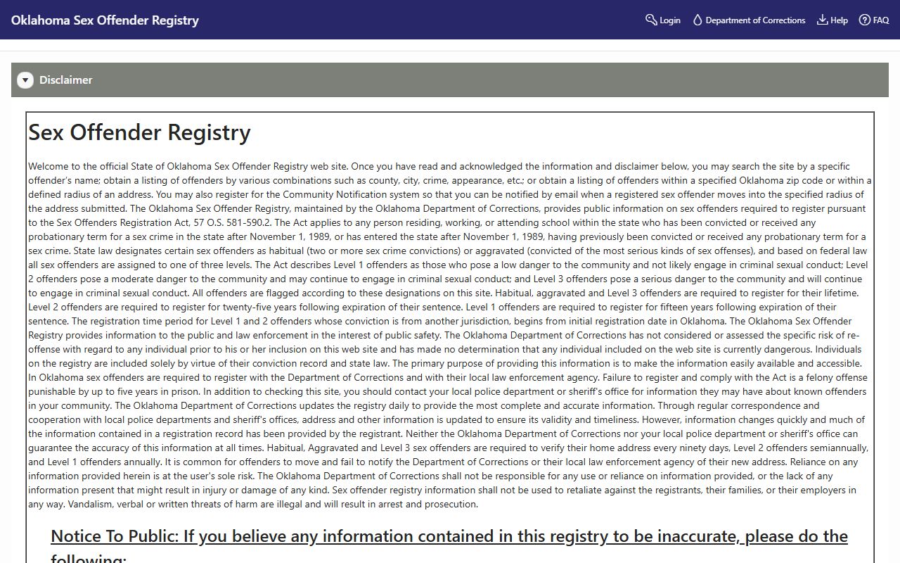 Oklahoma sex offender registry for arrest records