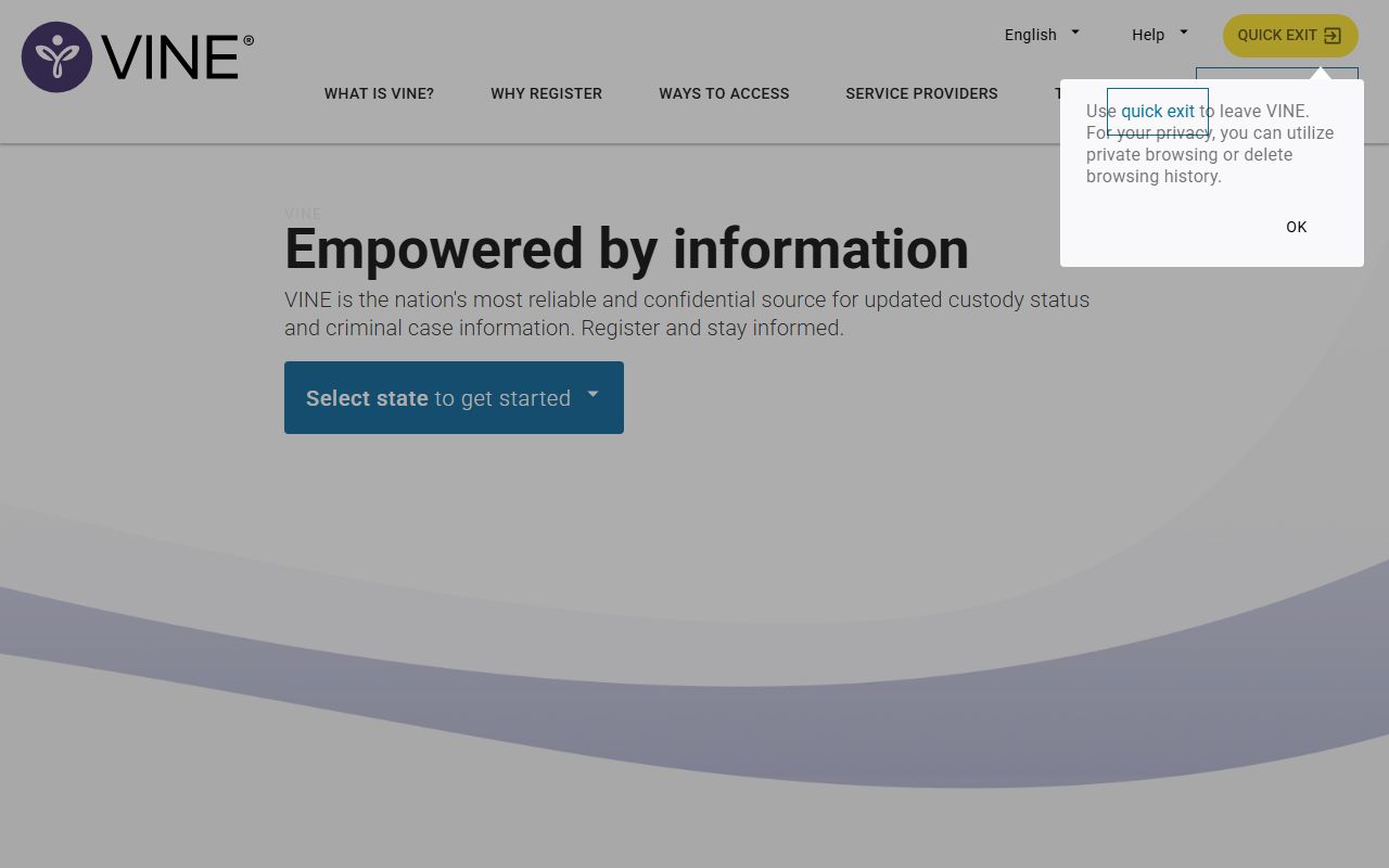 VINE main portal for arrest records tracking